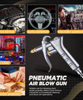 Industrial Air Blow Gun Kit with 4 Brass Adjustable Nozzles and 8 Steel Extensions for automotive, workshop, PC case, and woodworking use.