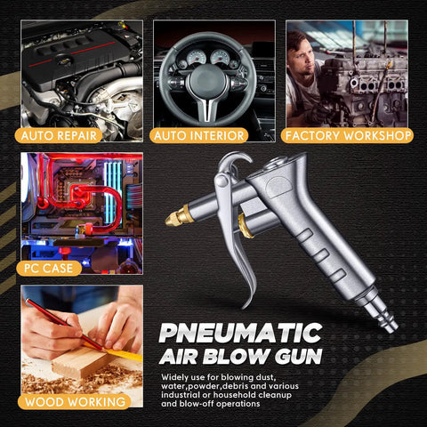 Industrial Air Blow Gun Kit with 4 Brass Adjustable Nozzles and 8 Steel Extensions for automotive, workshop, PC case, and woodworking use.