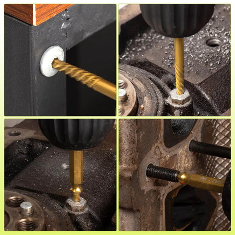 Easy Out Screw Extractor Set And Left Hand Drill Bit Kit for stripped screws and damaged bolts in use on various metal surfaces