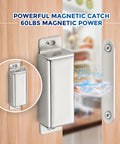 Heavy Duty 4 Pack Cabinet Magnets With 60 Lbs Concealed Magnetic Door Catch Strong Stainless Steel Latch For Cupboard Drawer Wardrobe Closet Keeps Doors Shut And Secure With Easy Install Silver Finish, shown installed on a wooden cabinet door.