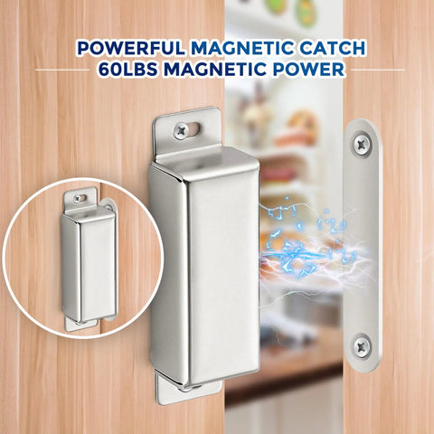 Heavy Duty 4 Pack Cabinet Magnets With 60 Lbs Concealed Magnetic Door Catch Strong Stainless Steel Latch For Cupboard Drawer Wardrobe Closet Keeps Doors Shut And Secure With Easy Install Silver Finish, shown installed on a wooden cabinet door.