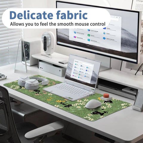 XL Plant Themed Mouse Pad 31.5 X 11.8 Inches on desk with laptop, headphones, and mouse, showing green plant design and non-slip base.