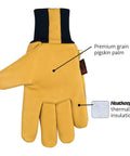 Premium Leather Work And Ski Gloves 1927KW Medium with grain pigskin palm and Heatkeep insulation, yellow palm view