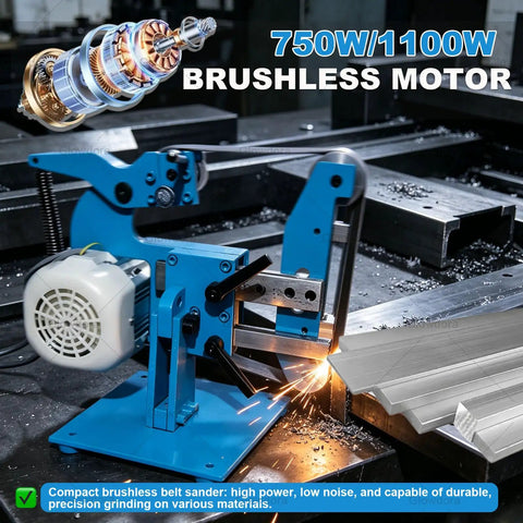 Heavy Duty 750 Watt Electric Belt Sander Bench Grinder With Polishing Machine And Sanding Belts Adjustable Angle Industrial Grade Steel Body For Woodworking And Metal Projects Perfect For Shop Or Garage close-up of blue compact brushless motor with sparks during metal grinding