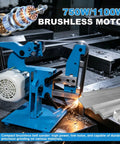Heavy Duty 750W Double-Use Vertical And Horizontal Belt Sander With Brushless Motor Knife Sharpener And Polisher Tool in action on metal.