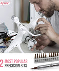 Person using precision bits and screwdriver on a drone, showing the Hi-Spec 12 most popular precision bits set.