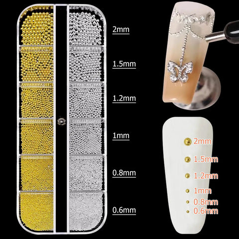 DIY Mani Pros Will Love Mixed Sizes Nail Beads Kit With Magnetic Pen And Tweezers For Nail Art gold silver beads sizes shown