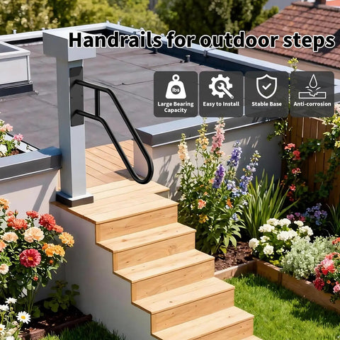 Heavy Duty U Shaped Hand Rail For Outdoor Steps, Black Wall Mount Stair Support With No Sweat Install Kit, Built Tough Design For Reliable Front Porch And Backyard Deck Grip mounted on wooden steps surrounded by flowers.