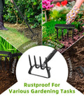 Collage showing 2 In 1 Stirrup Hoe And Cultivator Garden Tool With 62 Inch Adjustable Long Handle in use for weeding and aeration