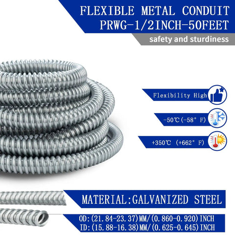 Half Inch Flexible Steel Electrical Conduit Kit, 50 Feet, Galvanized Steel, Temperature Range Displayed