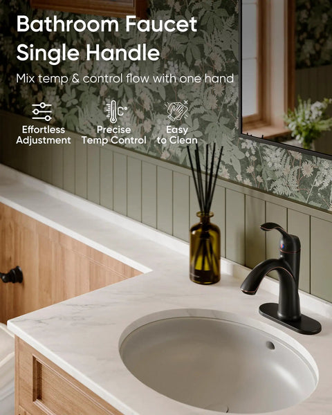 Oil Rubbed Bronze One Hole Bathroom Faucet With One Handle Lever, Rustic Lavatory Basin Mixer Tap on white countertop