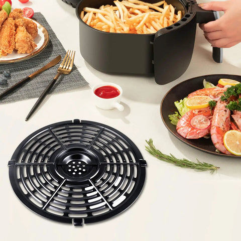 Nonstick Air Fryer Grill Pan Replacement Tray for 5Qt Round 8.7 Inch shown next to cooked food and open air fryer