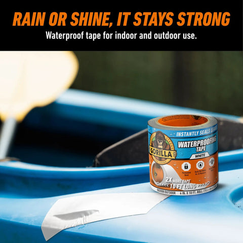 Waterproof Patch And Seal Tape White 4 Inch By 10 Foot Pack Of 1 shown on a kayak for indoor outdoor heavy duty weatherproof repair