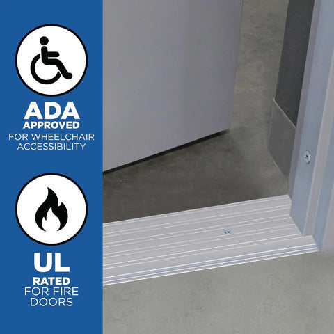 Beefy Aluminum Saddle Threshold For Commercial Doors, Fluted Mill Finish, shown in doorway with ADA and UL approval icons