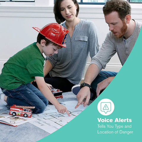 Family discussing fire safety with Combo Smoke And Carbon Monoxide Detector With Voice Alerts And Location Battery Operated