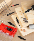 Professional Grade Tungsten Carbide Countersink Drill Bit Set With Adjustable Depth Stops For Slick Wood Countersinks And Hassle Free Flush Screw Installation 17 Piece showcasing bits and tools on wood.