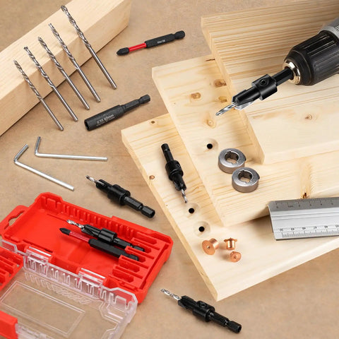 Professional Grade Tungsten Carbide Countersink Drill Bit Set With Adjustable Depth Stops For Slick Wood Countersinks And Hassle Free Flush Screw Installation 17 Piece showcasing bits and tools on wood.