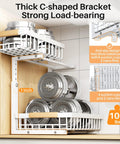 Super Sturdy Two Tier Under Sink Organizer With Adjustable C Shape Base And Smooth Pull Out Rollers showing sturdy baskets with silver storage containers.