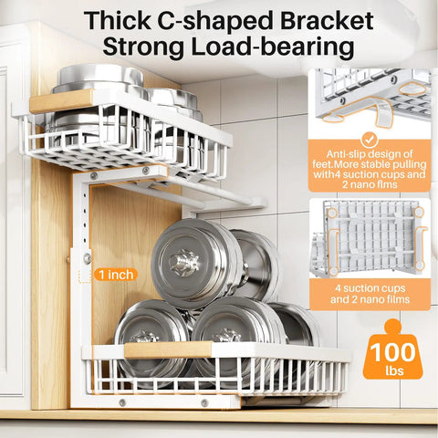Super Sturdy Two Tier Under Sink Organizer With Adjustable C Shape Base And Smooth Pull Out Rollers showing sturdy baskets with silver storage containers.