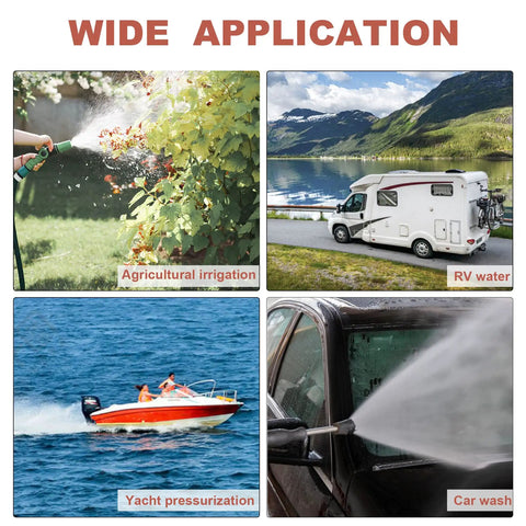 Applications of RV Fresh Water Pump 12V DC Self Priming Pressure Booster Pump 5.0 GPM 55 PSI for irrigation, RVs, yachts, car wash.