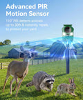 Solar Ultrasonic Animal Repellers With Motion Sensor And LED Lights in a garden deterring deer, raccoons, and rabbits.