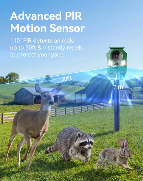 Solar Ultrasonic Animal Repellers With Motion Sensor And LED Lights in a garden deterring deer, raccoons, and rabbits.