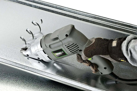 Genesis Electric Metal Cutting Shear 4 Amp 14 Gauge Swivel Head Variable Speed 0 To 2500 SPM 360 Degree Cutting Control 3 Blade System For Minimal Deformation in use cutting sheet metal