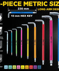 Long Arm 9 Piece Metric Hex Key Wrench Set With Anti Slip Ball End Color Coded SK2 Steel 1.5mm To 10mm