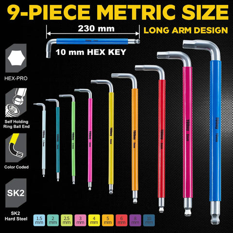 Long Arm 9 Piece Metric Hex Key Wrench Set With Anti Slip Ball End Color Coded SK2 Steel 1.5mm To 10mm