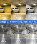 Rugged Four Foot Vapor Tight Shop Light With 40W 50W 60W Selectable Power And 3000K To 5000K Tunable CCT IP66 Waterproof ETL Listed 100-277V Built For Car Wash Garage And Walk-In Freezer showing color and wattage options.