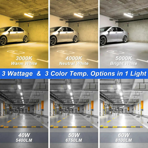 Rugged Four Foot Vapor Tight Shop Light With 40W 50W 60W Selectable Power And 3000K To 5000K Tunable CCT IP66 Waterproof ETL Listed 100-277V Built For Car Wash Garage And Walk-In Freezer showing color and wattage options.