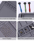 Tough As Nails Heat Resistant Soldering Mat With Integrated Scale And Heavy Duty Magnetized Tray For Phone And Laptop Fixes. Features ruler, screw slots, and compartments.
