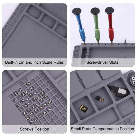 Tough As Nails Heat Resistant Soldering Mat With Integrated Scale And Heavy Duty Magnetized Tray For Phone And Laptop Fixes. Features ruler, screw slots, and compartments.