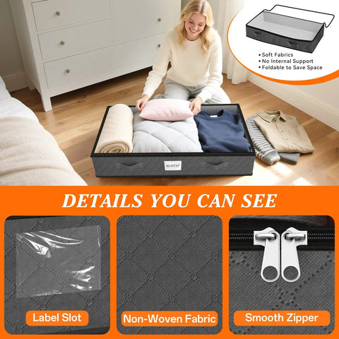 Solid Soft Fabric Under Bed Storage Containers Real Deal 90 Liter Capacity Heavy Duty Bedroom Organizers Big Time Space Saver For Winter Jackets And Blankets Super Roomy Four Pack Gray