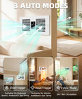 Room To Room Air Transfer Vent Fan With Remote And Temp Control in wall, illustrating 3 auto modes with airflow arrows.