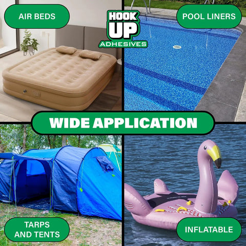 Wide application of Vinyl Cement 8 Oz Waterproof Pool Liner Repair Glue for air beds, pool liners, tarps, tents, and inflatables.