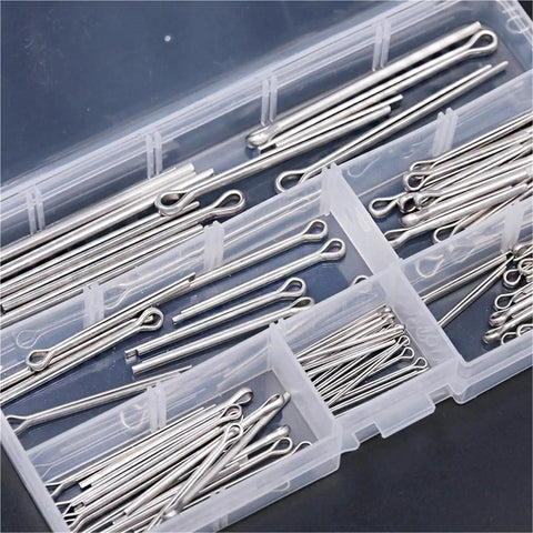 5 Set Cotter Pin Assortment Kit In 304 Stainless Steel, 90 Pieces, open plastic case showing polished pins for various uses