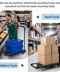 Heavy Duty Folding Hand Truck Featuring Four Sturdy Casters And Rock Solid Aluminum Handles For Zero Hassle Moving Up To 330 Pounds Without A Sweat On Any Project in use for heavy boxes.