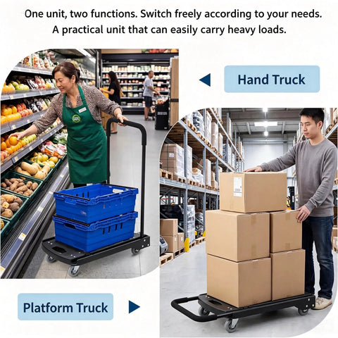 Heavy Duty Folding Hand Truck Featuring Four Sturdy Casters And Rock Solid Aluminum Handles For Zero Hassle Moving Up To 330 Pounds Without A Sweat On Any Project in use for heavy boxes.