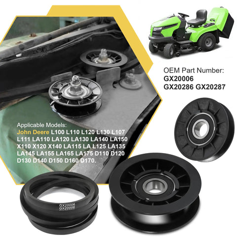 Idler Pulley And Drive Belt Kit For Mower Decks GX20006 GX20286 GX20287 with John Deere models and OEM part numbers shown