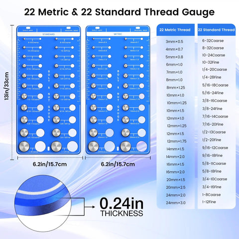 44 Thread Checker For Nut And Bolt Sizing, 22 Standard And 22 Metric Thread Sizes, featuring metal gauge and inch ruler