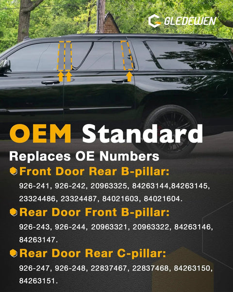 Six-piece pillar trim molding kit for 2015-2018 GM full-size SUVs front/rear B-pillars LH/RH.