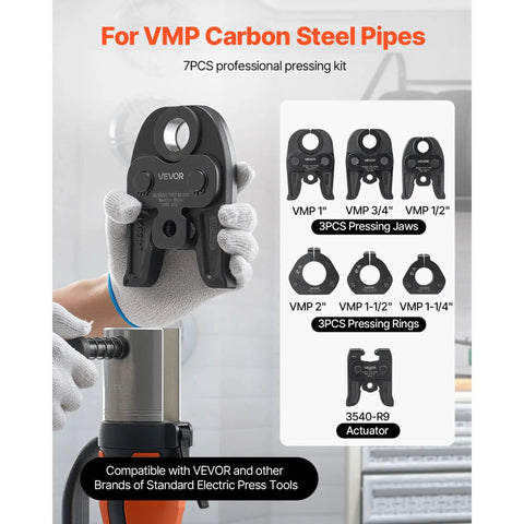 VEVOR 7 Piece VMP Pressing Kit With 3540 Actuator And Jaws For 1/2 To 2 Inch Carbon Steel Piping showing jaws and actuator.