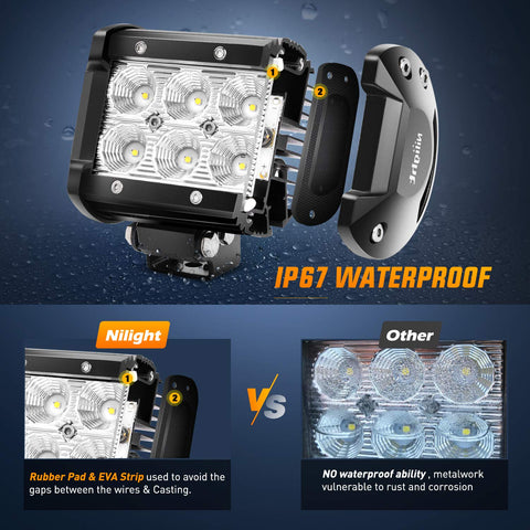 Two Pack 18W LED Light Bars Beefy Flood Off Road Lights 12V With 5 Pin Rocker Switch Wiring Harness Kit showcasing waterproof feature