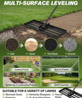 Lawn Leveling Rake 30 Inch Wide Plate For Quick Yard Smoothing, showing use on soil and sand for lawn and sports fields.