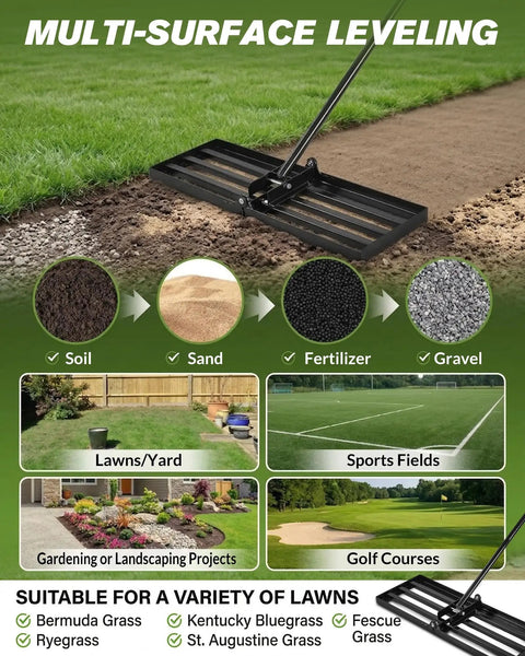 Lawn Leveling Rake 30 Inch Wide Plate For Quick Yard Smoothing, showing use on soil and sand for lawn and sports fields.