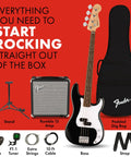 Squier Debut Series Precision Bass Starter Pack with Rumble 15 Amp, padded gig bag, and accessories against red background