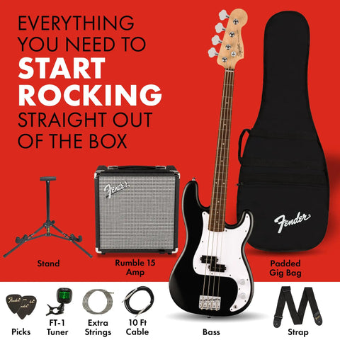 Squier Debut Series Precision Bass Starter Pack with Rumble 15 Amp, padded gig bag, and accessories against red background
