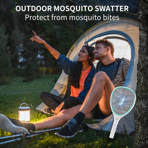 Couple sitting by a tent in a garden holding a Handheld Bug Zapper Racket with 3000 Volt Instant Shock for outdoor use.