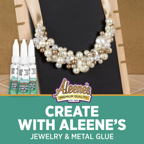 Jewelry And Metal Glue Three Pack 0.1 Oz Instant Adhesive For Jewelry Making And Repairs Waterproof Dries Clear For A Strong Permanent Bond No Drip Formula displayed with beaded necklace on wooden board.